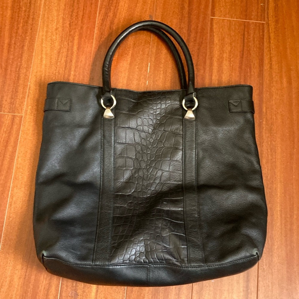 Halogen Black Leather Tote Bag large oversized textured alligator faux silver
